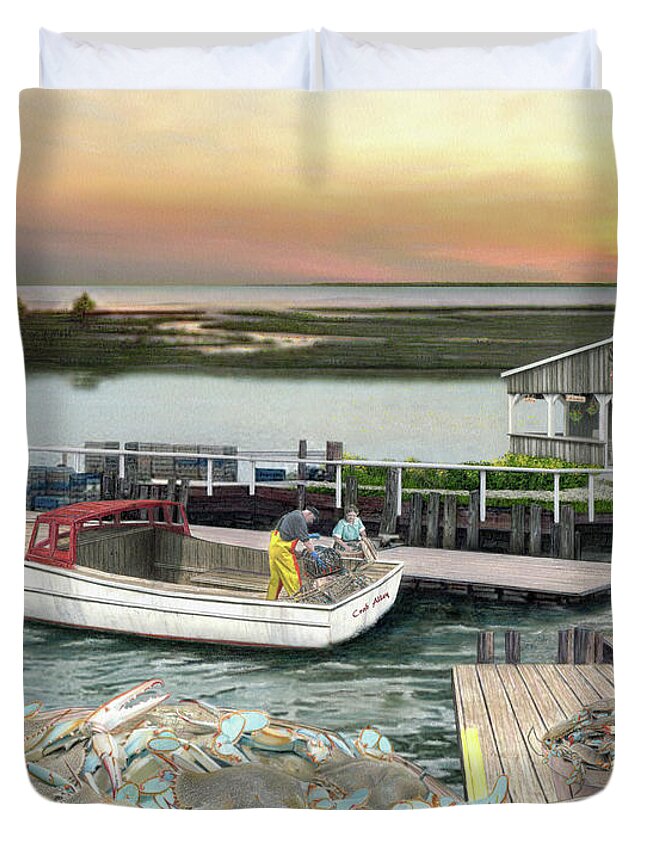 Crab Fisherman Duvet Cover featuring the drawing Crab Alley by Albert Puskaric