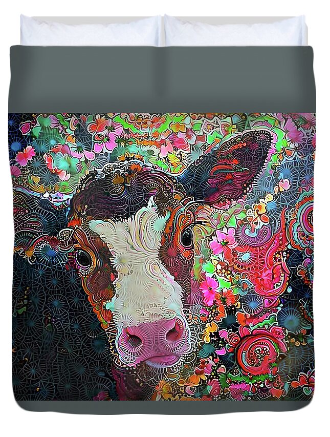Cow Duvet Cover featuring the digital art Crazy Colorful Cow by Peggy Collins