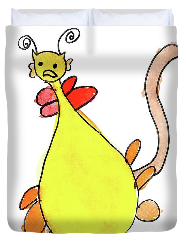 Animal Fantasy Creature Yellow Orange Red White Cartoon Bug Fun Playful Catlike Tail Crazy Cute Colorful Antenna Collar Anime Balloon Surprise Kids Kids-did-it Art By Kids Children's Art Watercolor Kelsey Rhoads Duvet Cover featuring the painting Creature by Kelsey Rhoads Age 8