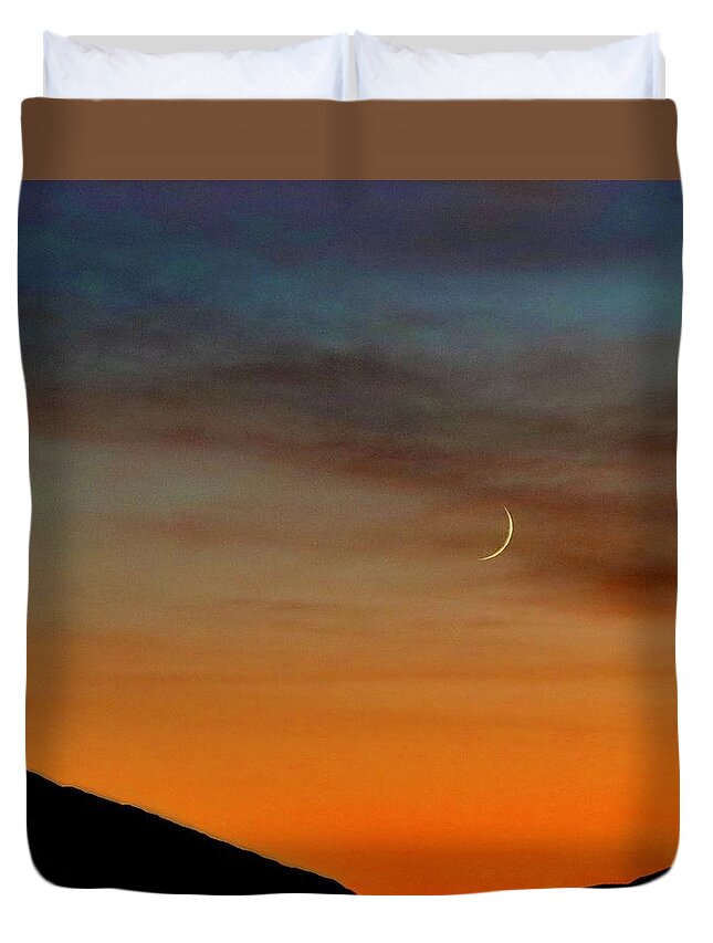 Moon Duvet Cover featuring the photograph Crescent Moon at Sunset by Sarah Lilja
