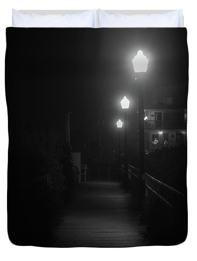 Pier Duvet Cover featuring the photograph Crest Pier at Night Black and White by Jason Fink