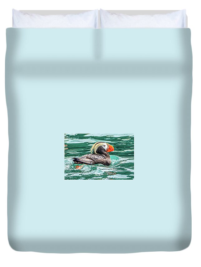 Crested Duvet Cover featuring the photograph Crested or Tufted Puffin by Douglas Wielfaert