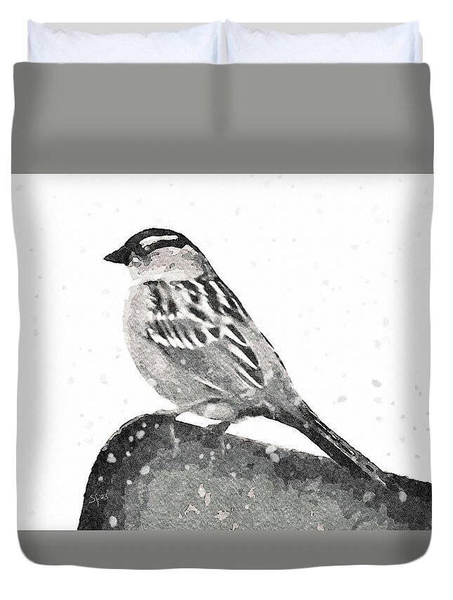 Bird Duvet Cover featuring the digital art Crested Sparrow in the Snow-Bird Painting by Shelli Fitzpatrick