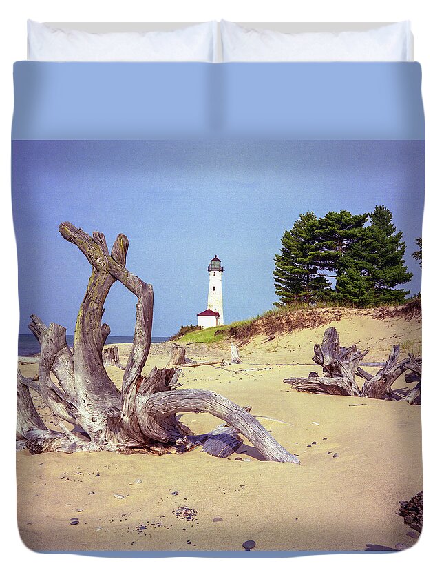 Lighthouse Duvet Cover featuring the photograph Crisp Point Lighthouse by Tim Trombley