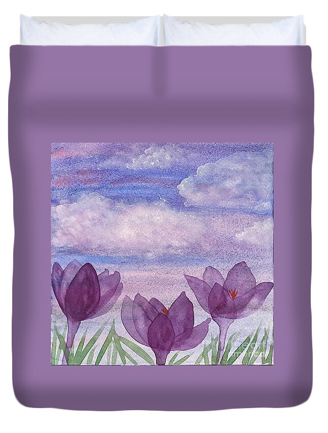 Crocuses Duvet Cover featuring the painting Crocuses and Clouds by Lisa Neuman