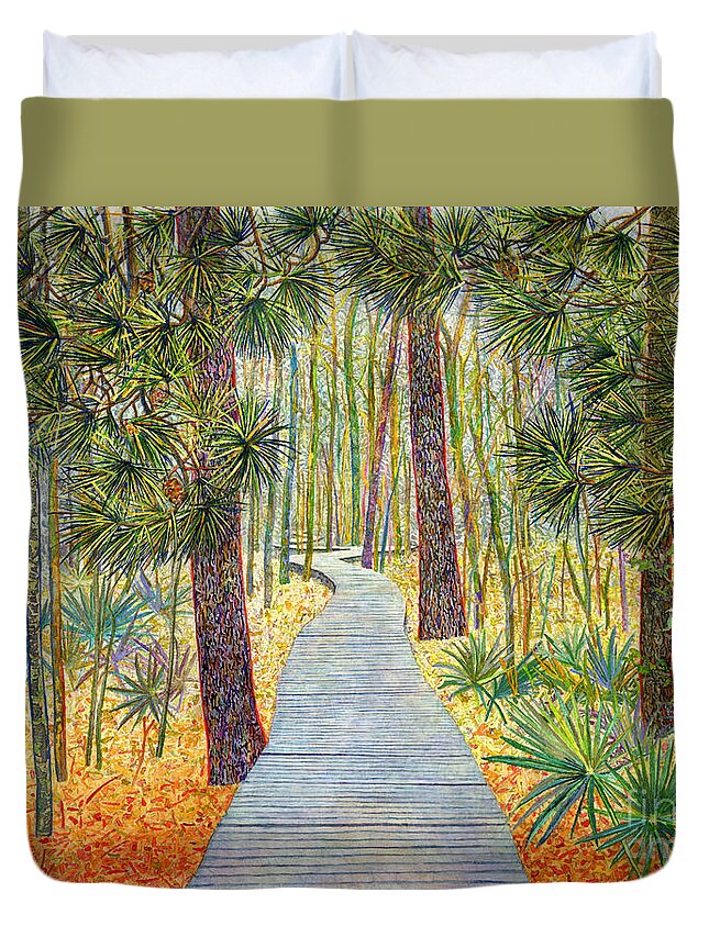 Texas Parks Duvet Cover featuring the painting Crossing Chinquapin Trail, Huntsville State Park by Hailey E Herrera