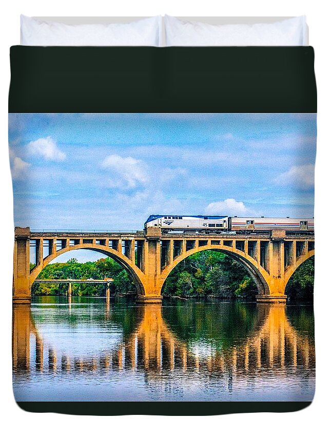 Train Duvet Cover featuring the photograph Crossing the Brdige by Addison Likins
