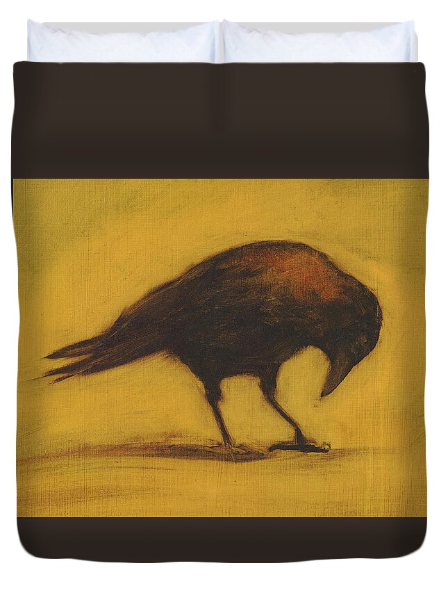Crow Duvet Cover featuring the painting Crow 11 cropped version by David Ladmore