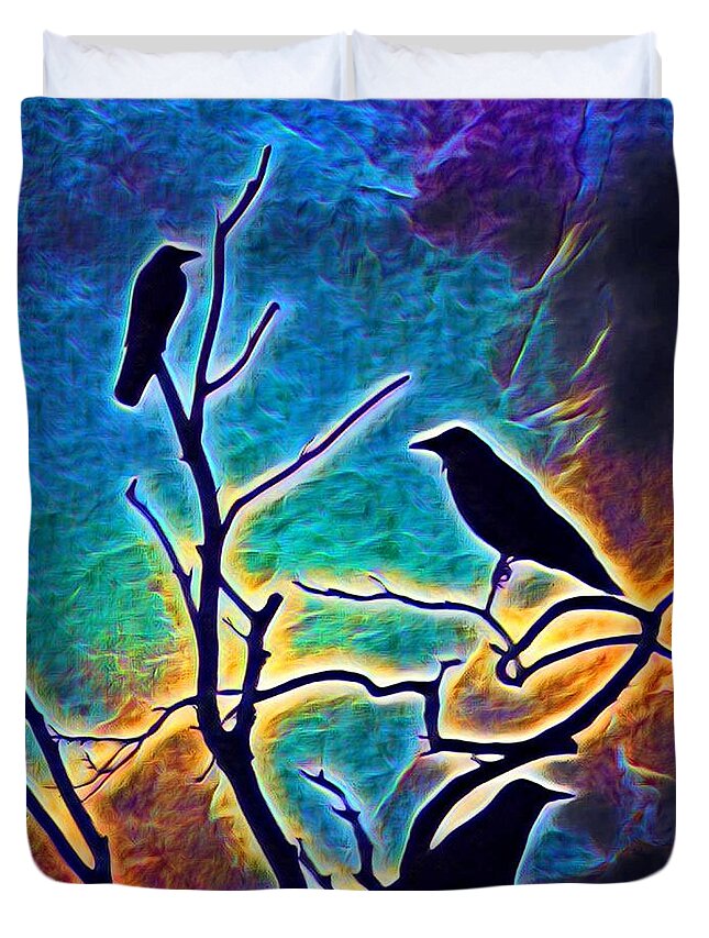 Bird Duvet Cover featuring the digital art Crow Birds on Tree Bird 96 by Lucie Dumas