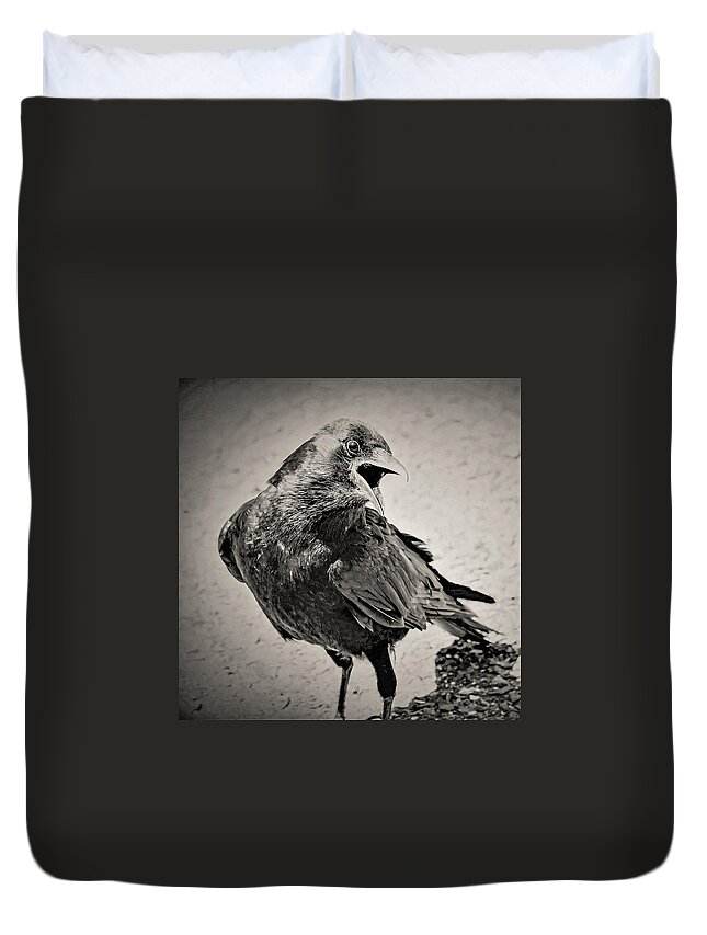 Crow Bird Black White Duvet Cover featuring the photograph Crow by John Linnemeyer