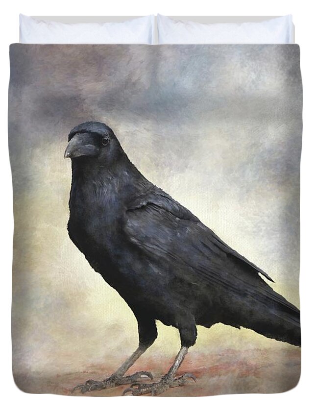 Bird Duvet Cover featuring the mixed media Crow Raven Bird 88 by Lucie Dumas
