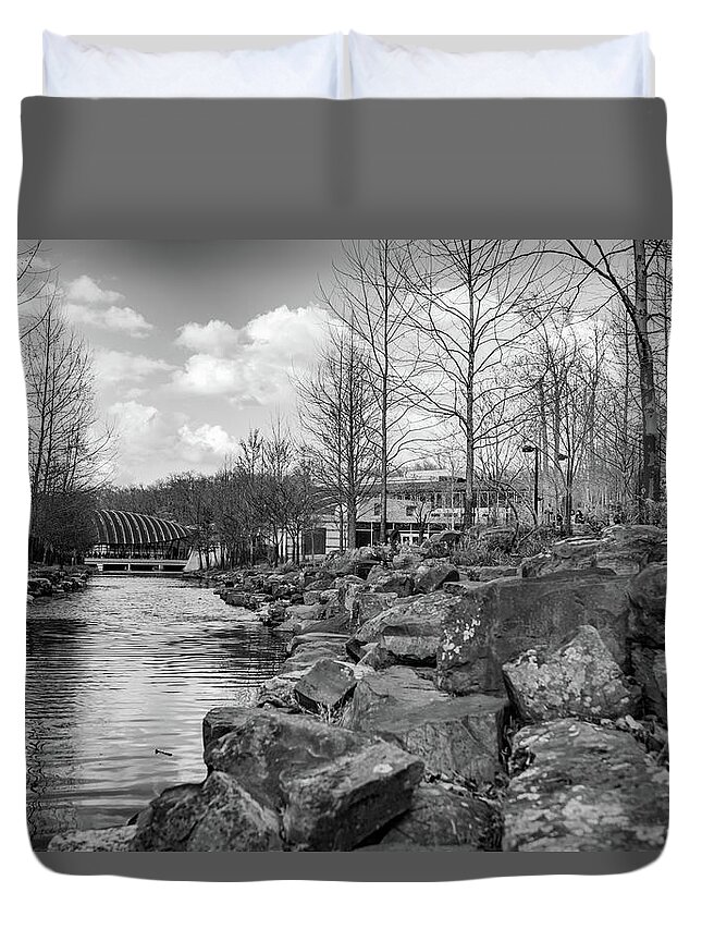 Crystal Bridges Duvet Cover featuring the photograph Crystal Bridges Museum Riverscape In Black and White by Gregory Ballos