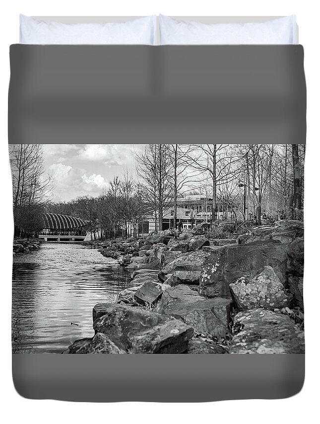 Crystal Bridges Duvet Cover featuring the photograph Crystal Bridges Museum Riverscape Panorama In Black and White by Gregory Ballos