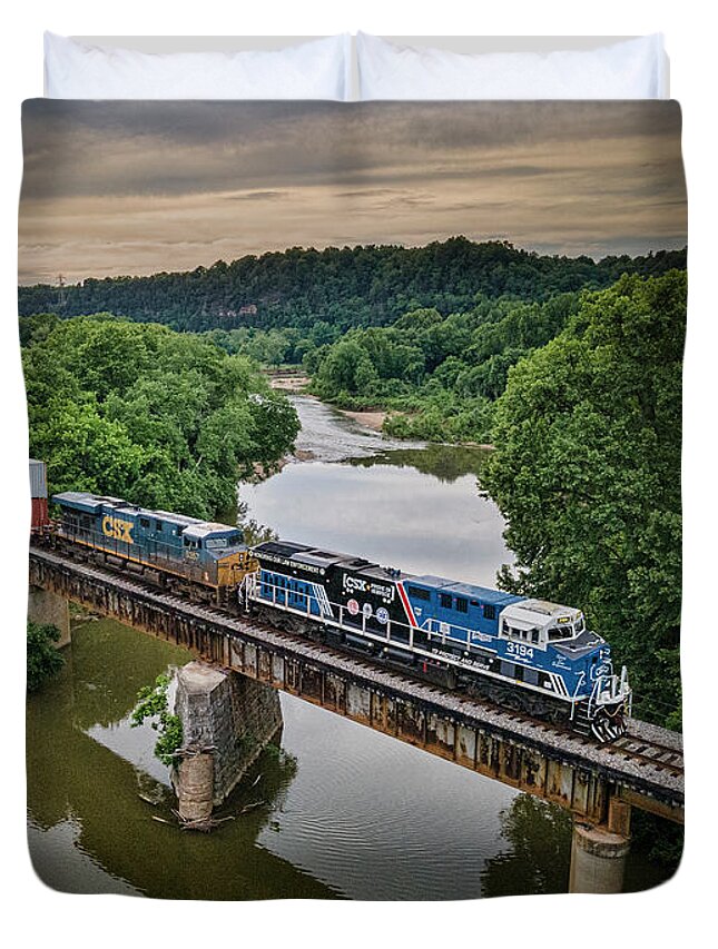 Railroad Duvet Cover featuring the photograph CSXT 3195 Spirit of our Law Enforcement unit at Harpeth River at Pegram Tennessee by Jim Pearson