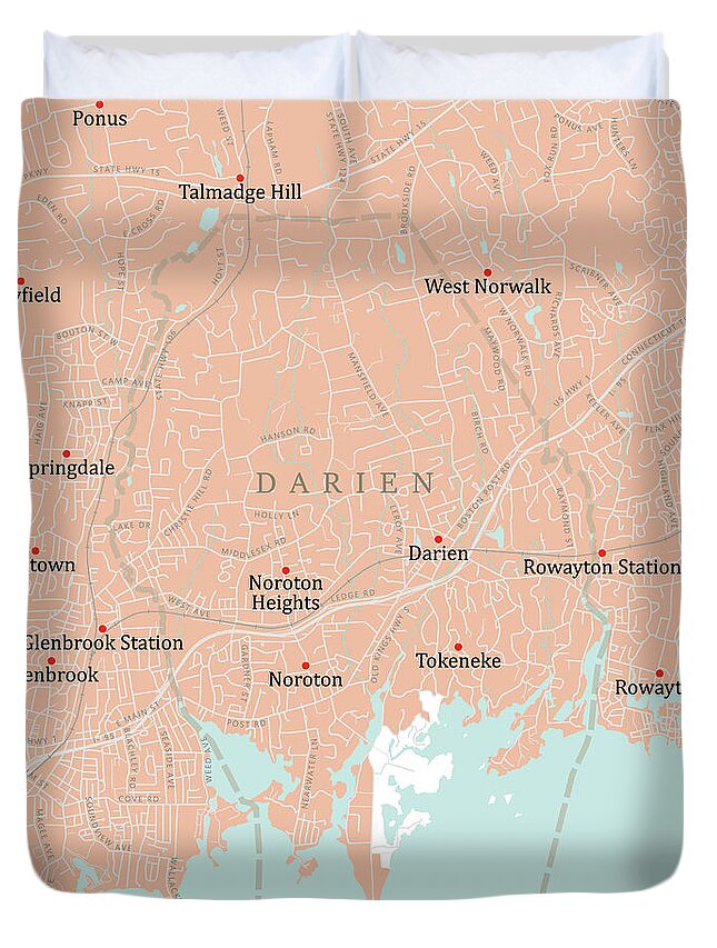 Connecticut Duvet Cover featuring the digital art CT Fairfield Darien Vector Road Map by Frank Ramspott