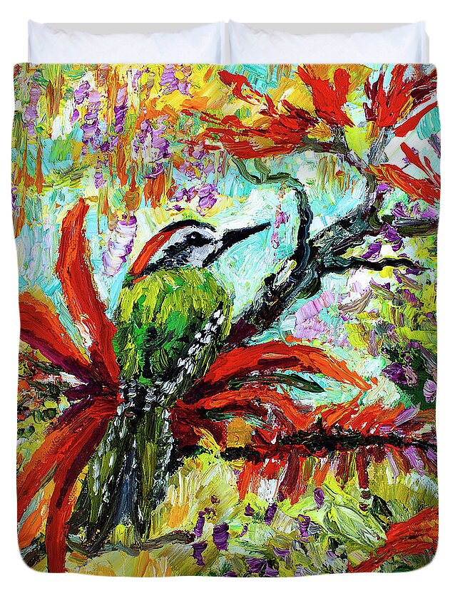 Birds Duvet Cover featuring the painting Cuban Green Woodpecker Impasto oil by Ginette Callaway