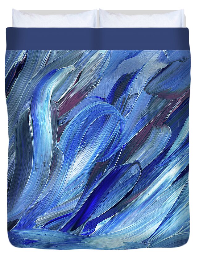 Blue Duvet Cover featuring the painting Curling Sea Waves Coastal Breeze Unique Abstract Art by Irina Sztukowski