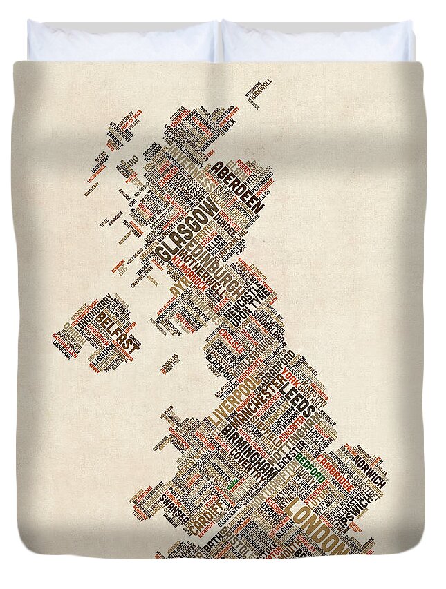 United Kingdom Duvet Cover featuring the digital art CUSTOM Great Britain UK City Text Map by Michael Tompsett