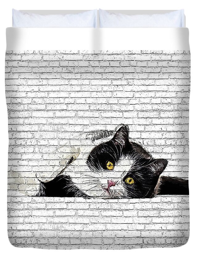 Charming Duvet Cover featuring the painting Cute and Charming, Black and White Cat - Brick Block Background by Custom Pet Portrait Art Studio