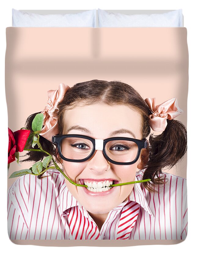 Funny Duvet Cover featuring the photograph Cute Smiling Woman Wearing Nerd Glasses With Rose by Jorgo Photography