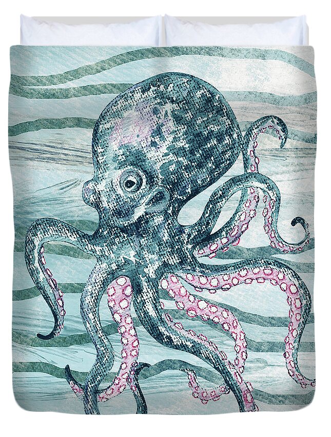 Octopus Duvet Cover featuring the painting Cute Teal Blue Watercolor Octopus On Calm Wave Beach Art by Irina Sztukowski