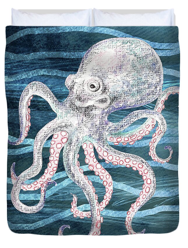 Octopus Duvet Cover featuring the painting Cute Watercolor Octopus On A Blue Wave Beach Art by Irina Sztukowski