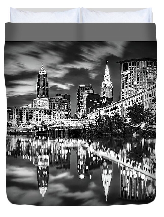 America Duvet Cover featuring the photograph Cuyahoga River Skyline Reflections Of Downtown Cleveland - Black and White by Gregory Ballos