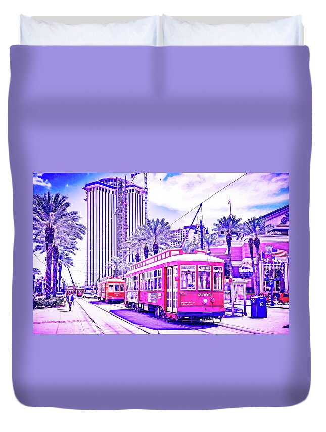 Struction Duvet Cover featuring the painting CyberPunk Neon, Cityscape - skyline - Urban - Streetcars. New Orleans by Celestial Images