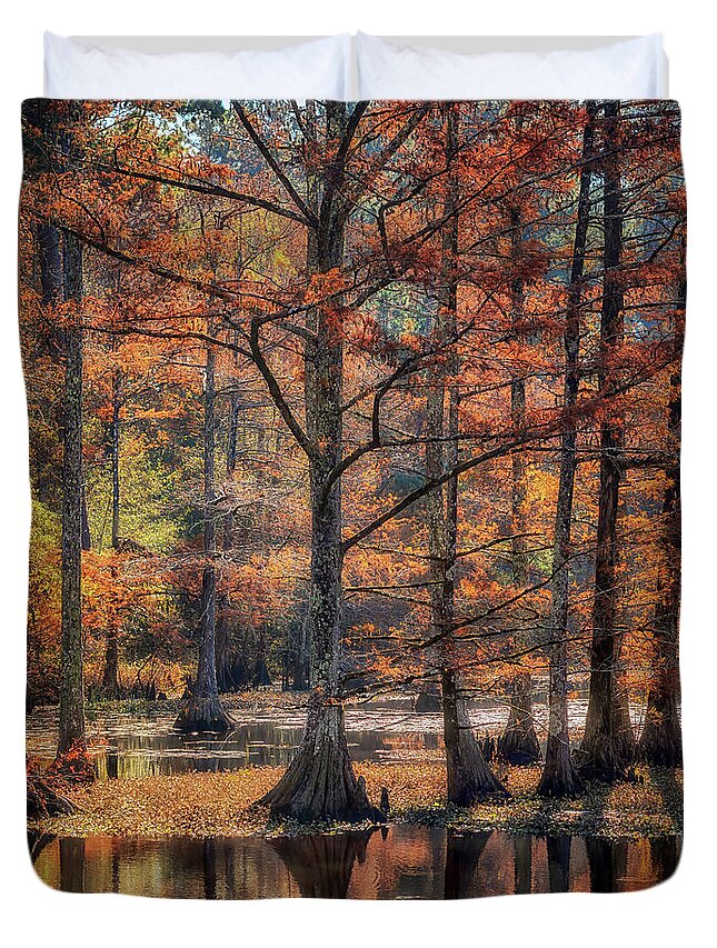 Autumn Duvet Cover featuring the photograph Cypress Cove Reflections by Susan Rissi Tregoning