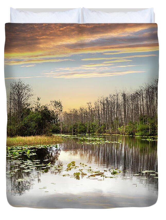 Boats Duvet Cover featuring the photograph Cypress Reflections at Sunset by Debra and Dave Vanderlaan