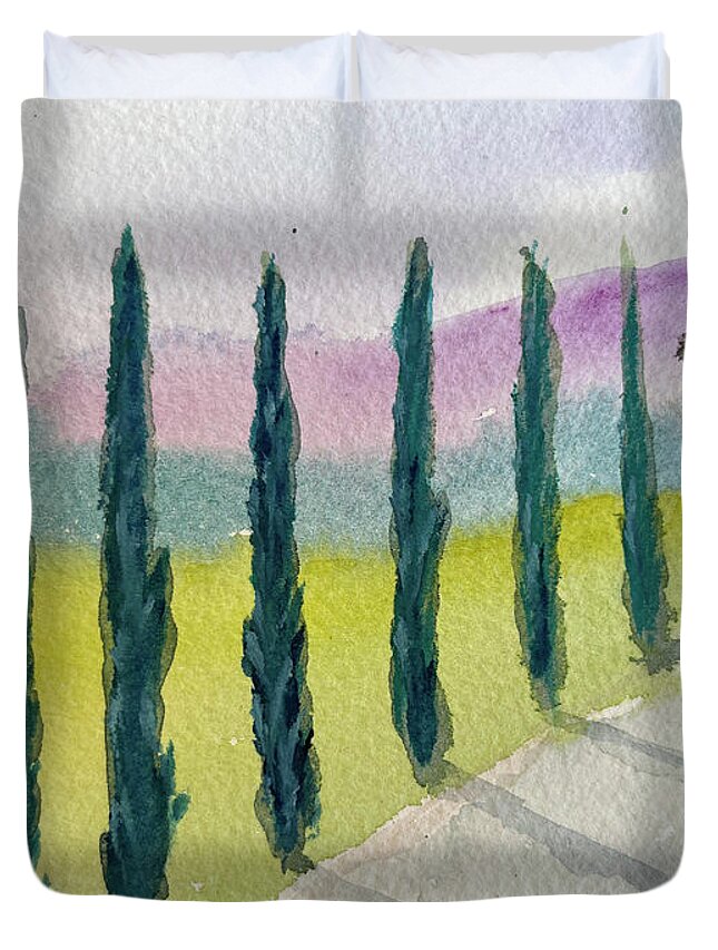 Cypress Trees Duvet Cover featuring the painting Cypress Trees Landscape by Roxy Rich