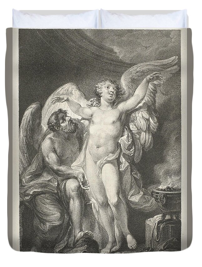 Christian Friedrich Stolzel Duvet Cover featuring the drawing Daedalus teaches Icarus how to fly by Christian Friedrich Stolzel