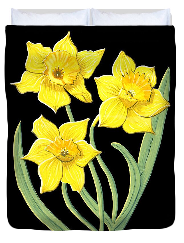 Daffodil Duvet Cover featuring the painting Daffodil March Birth Month Flower Botanical Print on Black - Art by Jen Montgomery by Jen Montgomery