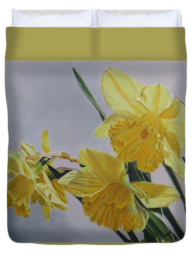 Floral Duvet Cover featuring the drawing Daffodils by Kelly Speros