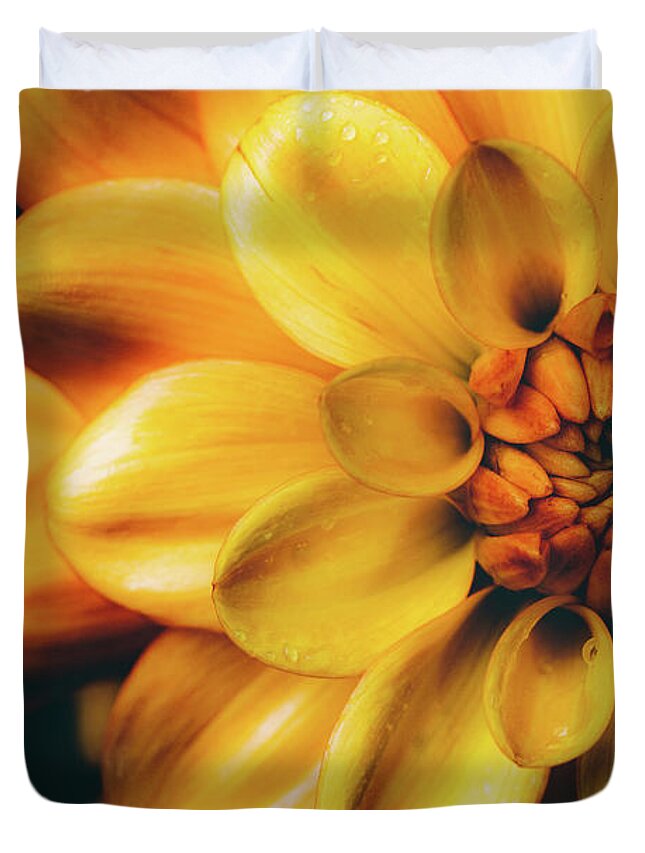 Yellow Duvet Cover featuring the photograph Dahlia After Rain by Ada Weyland
