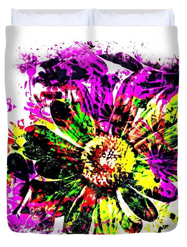 Daisies Abstract Photograph Flowers Pollen Pistils Petals Iphone Ipad-air Software Sandiego Neighborhood Yellow Green Purple Orange White Border Black Duvet Cover featuring the digital art Daisy Abstract by Kathleen Boyles