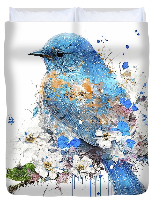 Eastern Bluebird Duvet Cover featuring the painting Daisy Bluebird by Tina LeCour