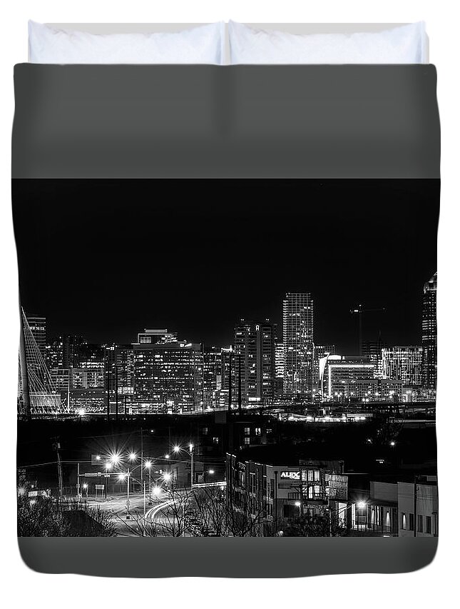 Downtown Dallas Skyline At Night Duvet Cover featuring the photograph Dallas Texas Panorama At Night by Dan Sproul