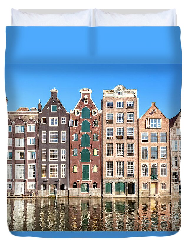 Amsterdam Duvet Cover featuring the photograph Damrak houses, Amsterdam by Neale And Judith Clark