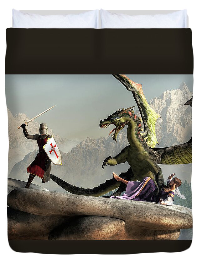 Knight Duvet Cover featuring the digital art Damsel, Dragon, and Knight by Daniel Eskridge