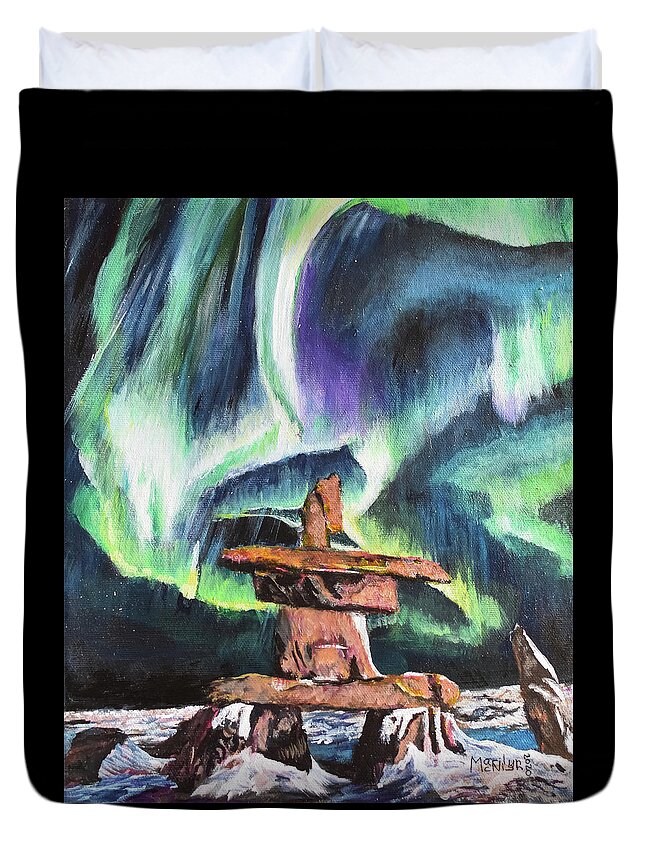 Inukshuk Duvet Cover featuring the painting Dancing Lights - Churchill by Marilyn McNish