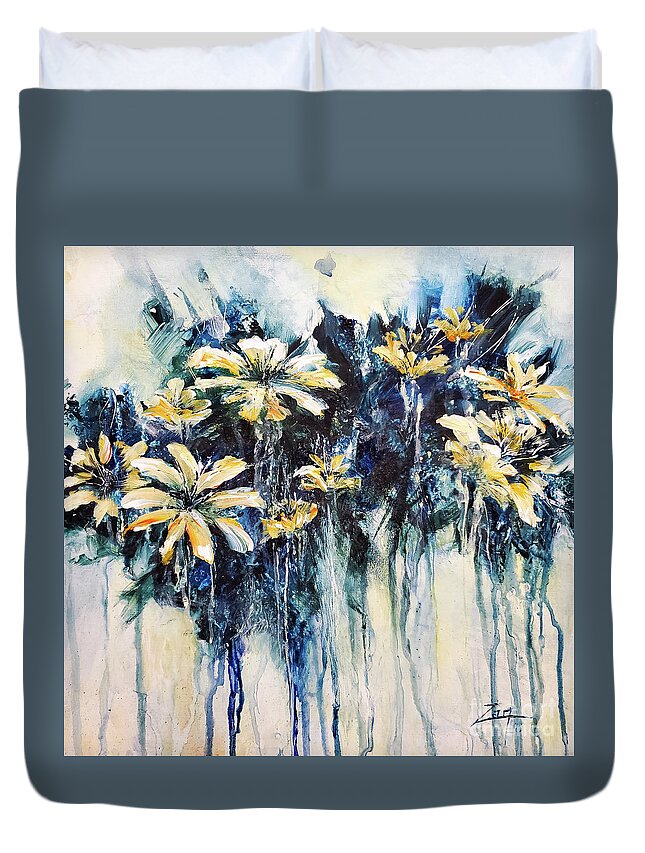 Abstract Floral Duvet Cover featuring the painting Dancing Posies by Zan Savage