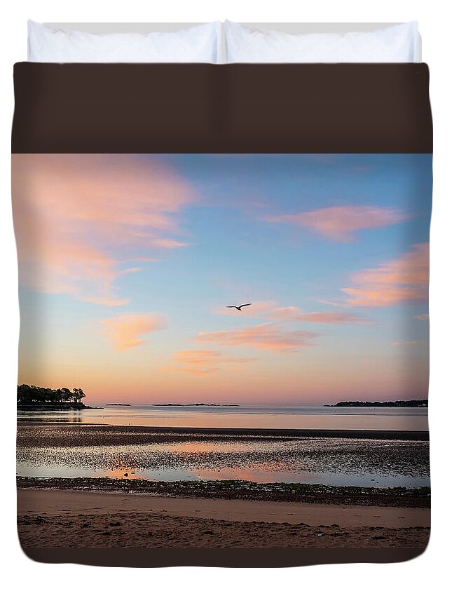 Beverly Duvet Cover featuring the photograph Dane Street Beach in Beverly MA Morning Light Red Clouds by Toby McGuire