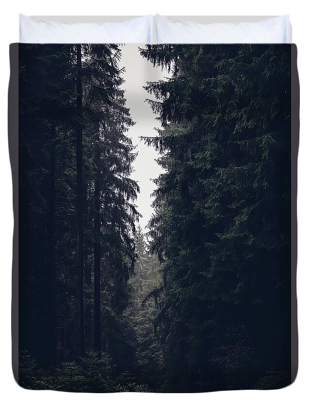Forest Duvet Cover featuring the photograph Dark atmosphere in forest. Forgotten road in rainy day by Vaclav Sonnek