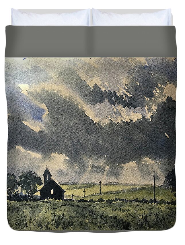 Watercolour Duvet Cover featuring the painting Dark Clouds over Abandoned Chapel in Cottam by Glenn Marshall