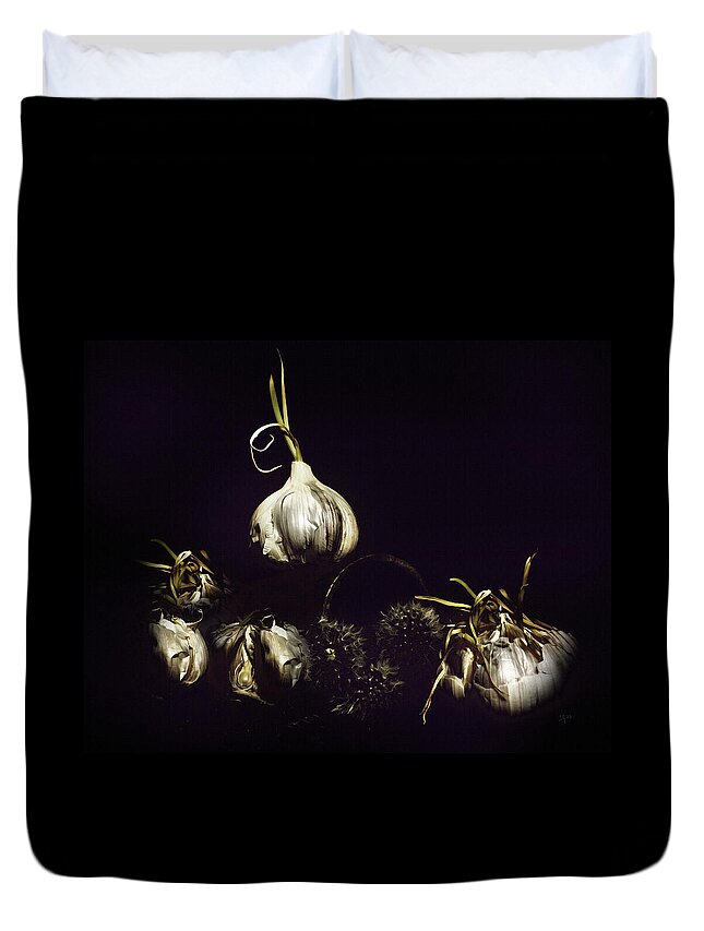 Dark Duvet Cover featuring the digital art Dark Garlic Still Life by Shelli Fitzpatrick