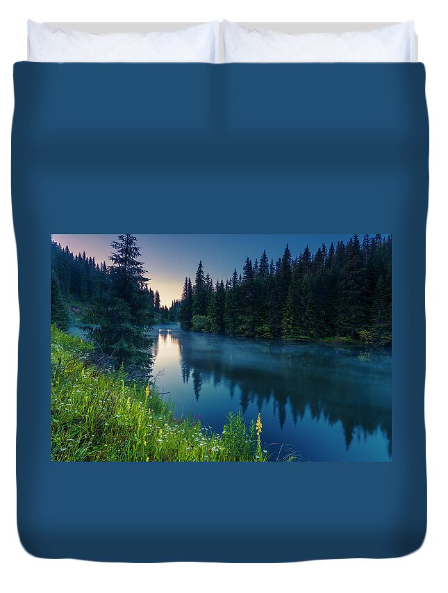 Mountain Duvet Cover featuring the photograph Dark Lake by Evgeni Dinev