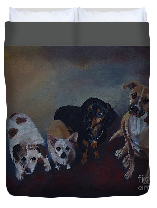 Dogs Duvet Cover featuring the painting Darlene's Dogs by Jan Dappen