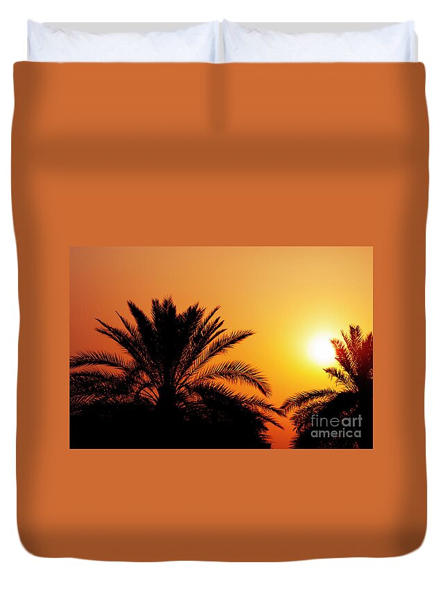 Dubai Duvet Cover featuring the photograph Date palm tree silhouette at beautiful sunset in Dubai by Jelena Jovanovic