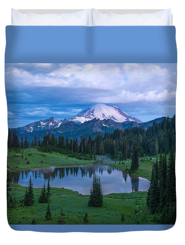 Dawn Colors At Mount Rainier Duvet Cover featuring the photograph Blue hour at Mount Rainier by Lynn Hopwood